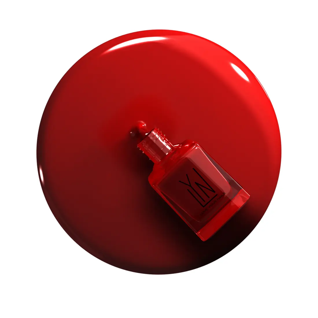 LYN red nail lacquer bottle lying in a circular pool of polish, viewed from above