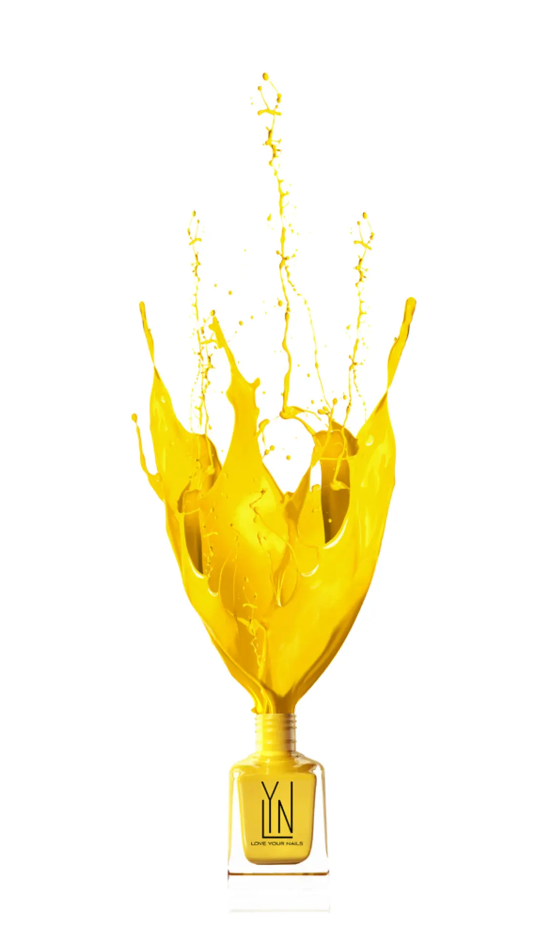 Yellow nail polish erupting from a LYN bottle in a crown of liquid