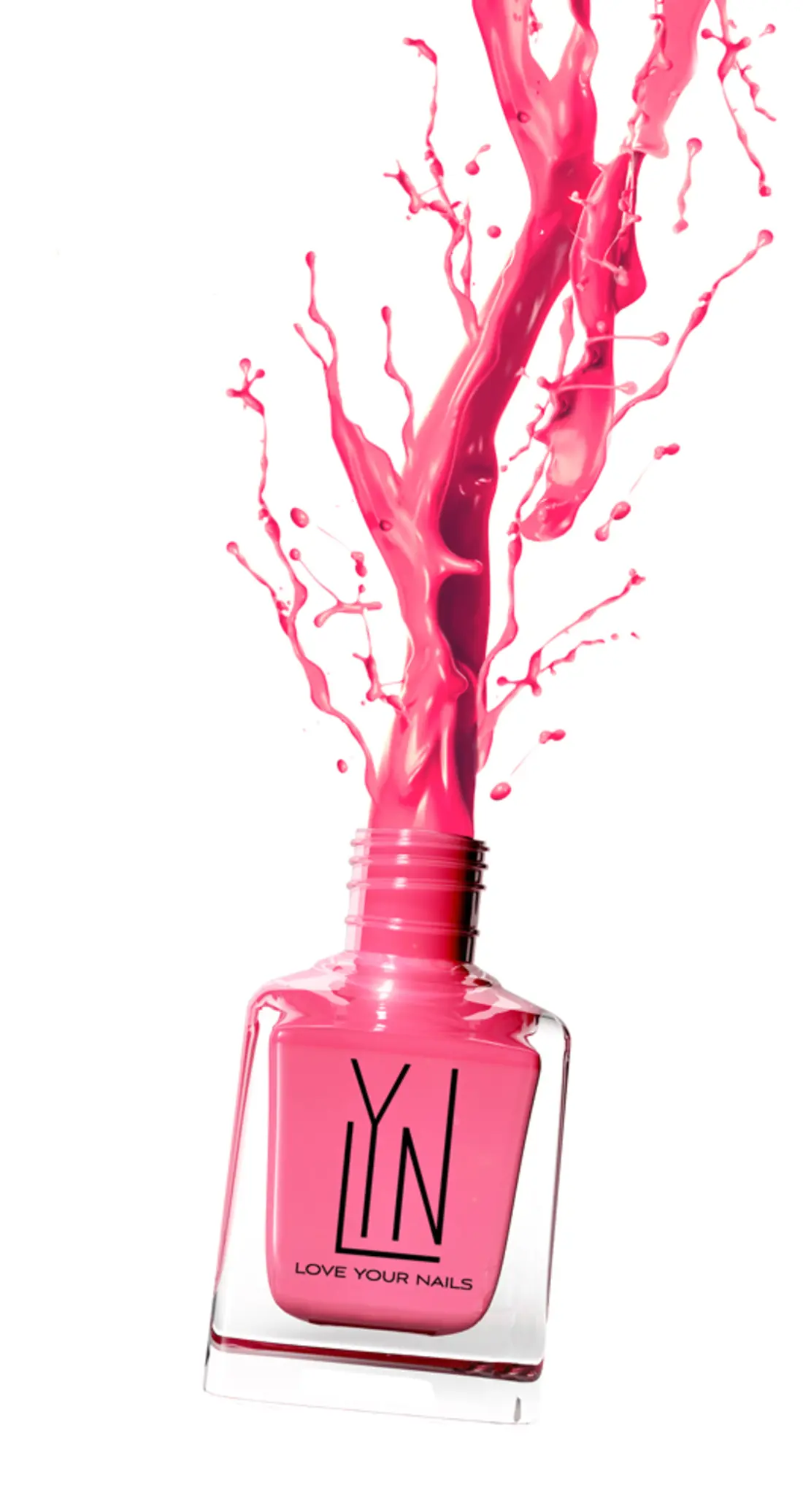 LYN nail lacquer bottle with a pink polish splash erupting from it — CGI product render