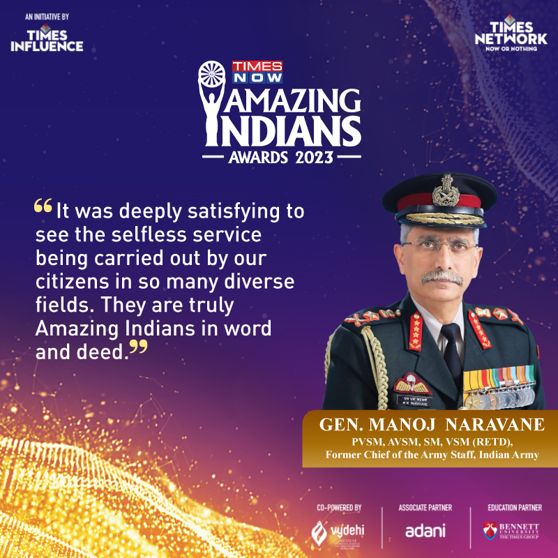 Times Now Amazing Indians Awards jury quote card featuring Gen. Manoj Naravane